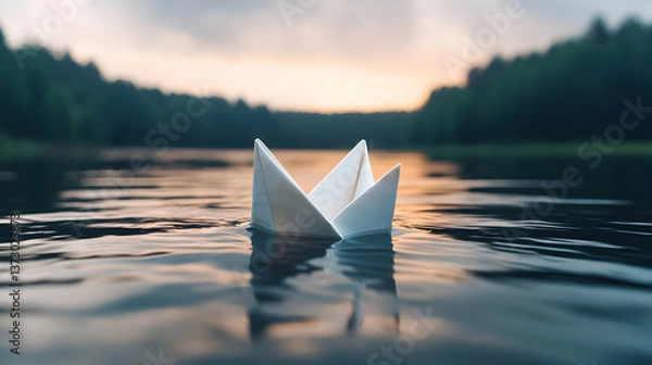 Fototapeta White Paper Boat Floating on Calm Lake at Sunset