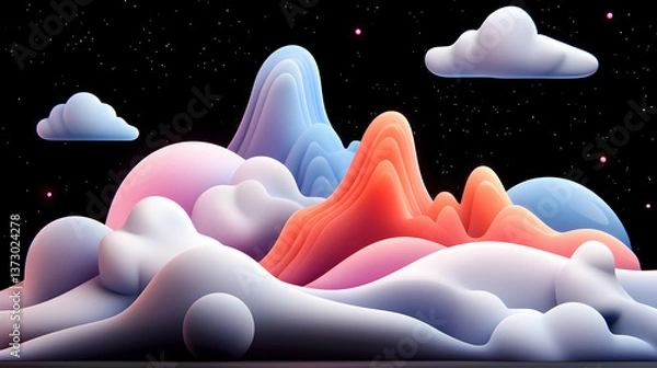 Fototapeta Abstract Pastel Mountainscape at Night with Glowing Clouds and Stars