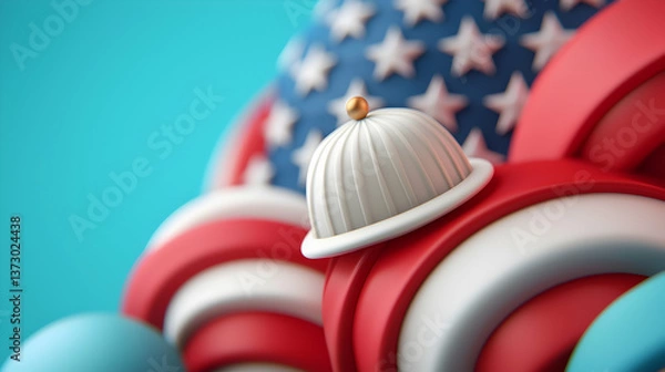 Fototapeta Abstract 3D Render of a White Hat on Red White and Blue Geometric Shapes