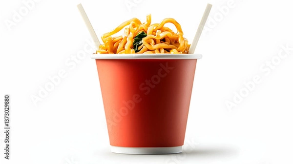 Fototapeta Red Cup of Noodles with Chopsticks on White Background