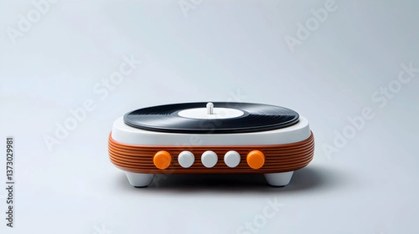 Fototapeta Retro Style Record Player with Black Vinyl on White Background