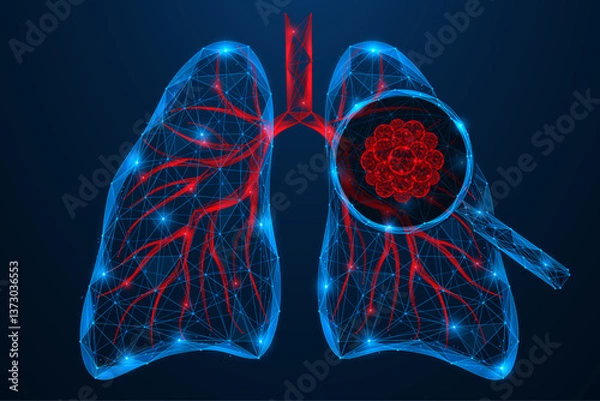 Fototapeta Human lung cancer under a magnifying glass. Polygonal design of interconnected lines and dots. Blue background.