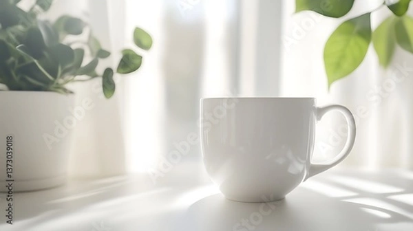 Fototapeta White cup placed on a table, illuminated by soft natural light filtering through nearby windows