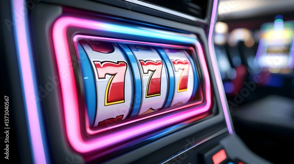 Fototapeta Close Up Of A Slot Machine With Glowing Neon Lights Displaying 777 Jackpot