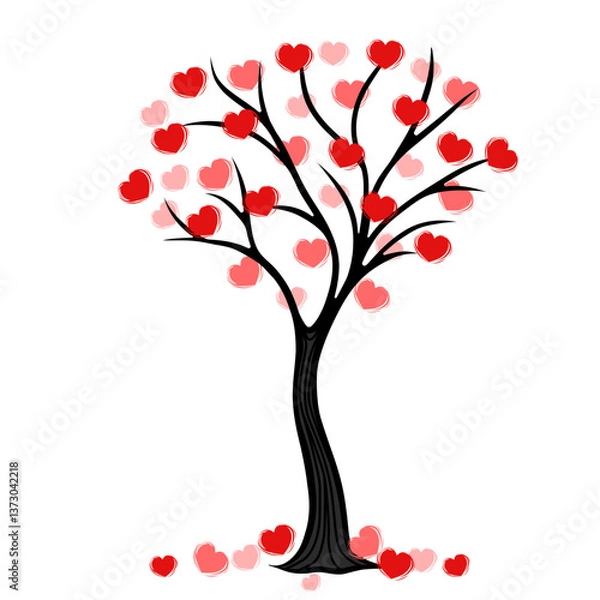 Obraz Tree with hearts instead of leaves vector illustration romantic nature symbol love growth decorative design black outline silhouette isolated graphic element concept abstract floral organic beauty