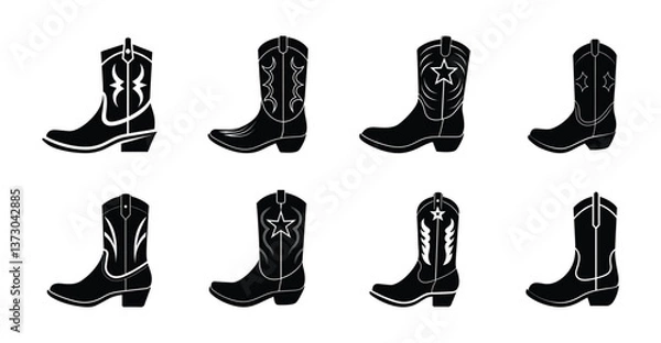 Obraz A set of eight classic cowboy boots vector silhouette designs. Simple collection. Isolated bundle on white background.