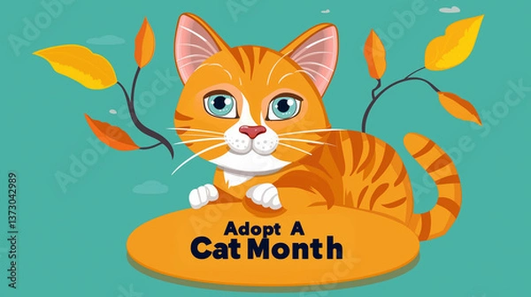 Fototapeta simple playful illustration, appeling design and colors, cute cat, text " Adopt A Cat Month". Cute adorable pet, love for animals.