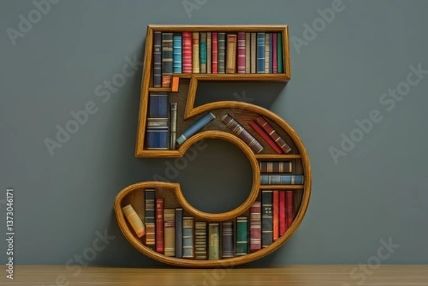 Fototapeta 3D illustration of the number 5 designed as a bookshelf with books and textbooks represen