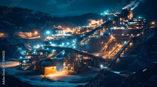 Obraz A powerful mining facility illuminated at night with machinery and technology working together to process ores and extract minerals.