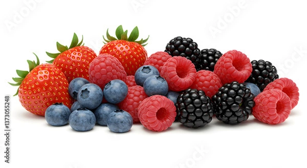 Fototapeta Assorted fresh berry collection on a pristine white background, showcasing vibrancy