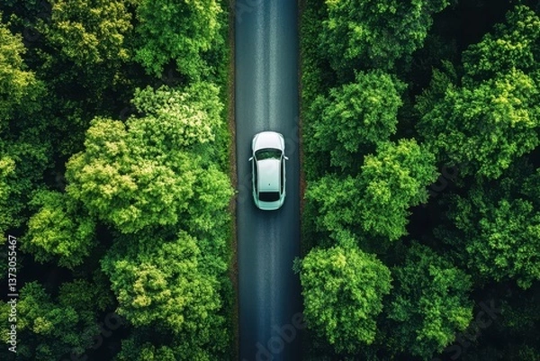 Obraz Bird s eye view of a green electric car on a forest road showcasing eco friendly energy