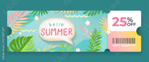 Obraz 25 Off sale voucher coupon with speech bubble Hello Summer.Gift Voucher with promo discount.Template discount coupons tickets card for web, design,social media,business promo, online purchases. Vector