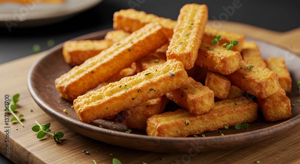Fototapeta Golden Delicious: A tempting pile of perfectly fried skirret fries presentation