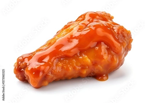 Obraz A succulent, glistening chicken wing, drenched in a vibrant, tangy sauce, a mouthwatering image of comfort food perfection with bright lighting and a clean white background.