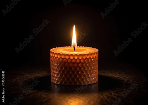 Obraz A single beeswax candle burns brightly in the dark, offering solace and warmth, a symbol of hope and remembrance with soft, warm lighting and a dark background.