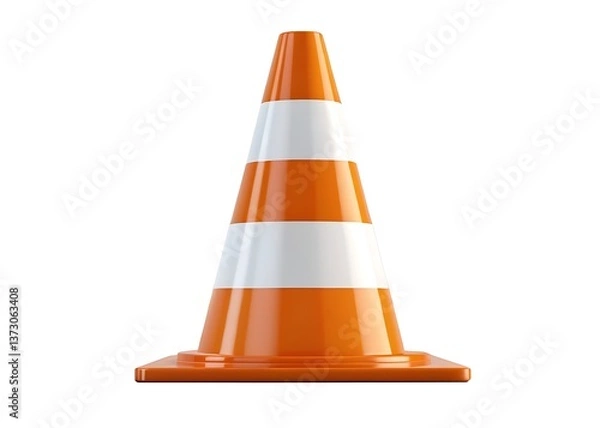 Obraz A vibrant orange and white traffic cone stands tall against a stark white background, a symbol of caution and safety on the road ahead.