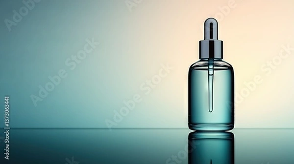 Fototapeta   A glass bottle with a dropper resting on a table, reflected in the bottle's surface