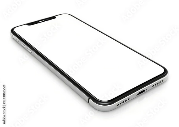 Obraz A sleek silver smartphone with a blank white screen, ready for your app or design, poised elegantly against a bright white background.