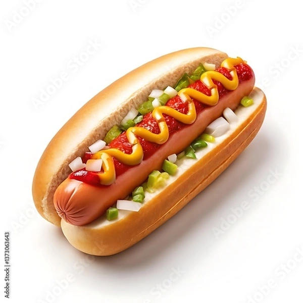 Obraz A classic hot dog, perfectly dressed with ketchup, mustard, and relish, nestled in a soft bun, a quintessential American treat against a bright white background.