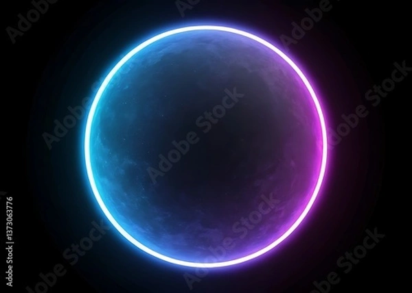Obraz A celestial sphere bathed in vibrant, otherworldly hues of neon pink and blue, a cosmic dream illuminated against the infinite black backdrop.
