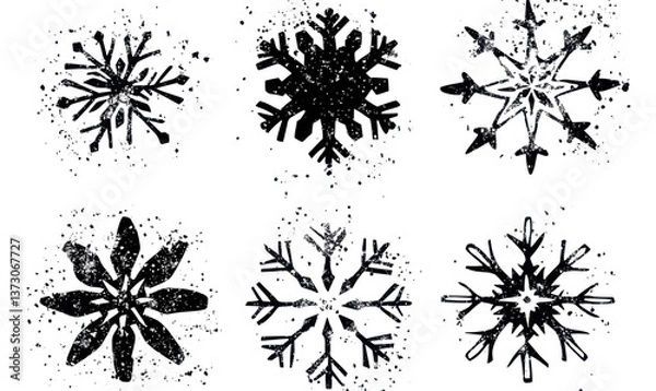 Fototapeta Grunge Lino Cut Snowflake Stamps Collection with Distressed Textures Design