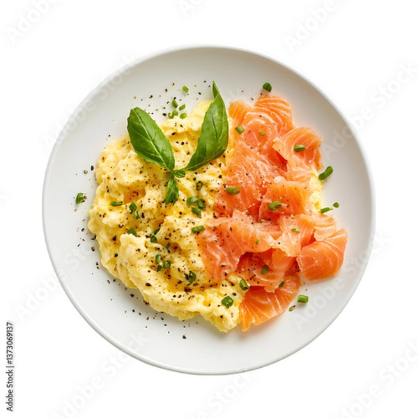 Obraz Scrambled Eggs with Smoked Salmon Isolated on Transparent Background