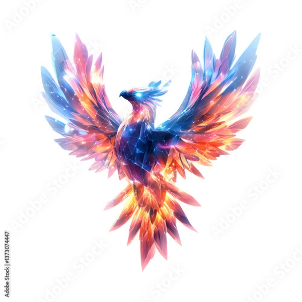 Fototapeta Digital Phoenix Made of Neon Geometric Shapes Isolated on Transparent Background