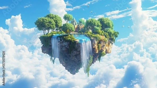 Obraz Spectacular floating island with castle, waterfall, and lush trees surrounded by clouds and flock of birds