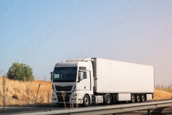 Fototapeta A large European trailer truck drives along a road with a grain field next to it. The truck is white to be able to make a mockup with perosonalized text or logo