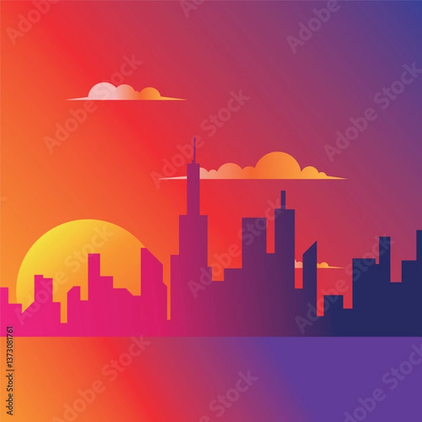 Fototapeta city, cityscape, skyline, sunset, vector, illustration, gradient, orange, purple, clouds, building, silhouette, modern, minimalist, urban, landscape, background, design, art, graphic, abstract, geomet