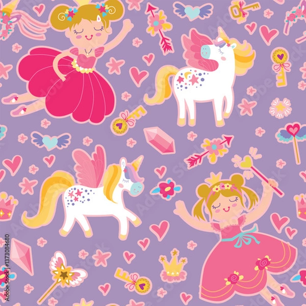 Fototapeta Vector childish seamless pattern with fairy and unicorn, stars, crystals, other elements. Fairy with a magic wand
