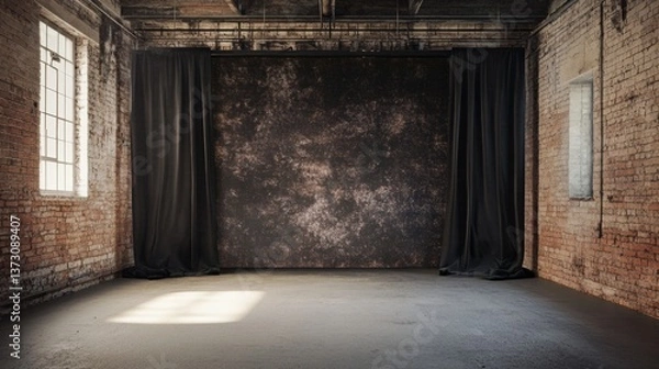 Fototapeta Empty industrial space with concrete walls and curtains