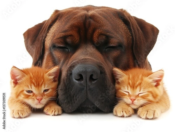 Fototapeta A large dog and two kittens are snuggling peacefully together