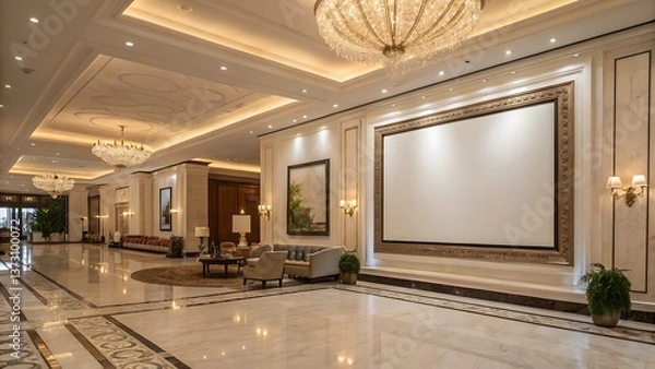 Fototapeta A grand hotel lobby featuring ornate chandeliers, marble floors, and elegant seating areas with artwork