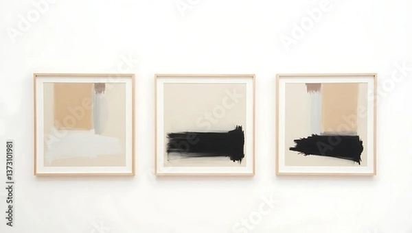 Fototapeta Three framed abstract paintings hanging on a white wall in a gallery or museum setting display art