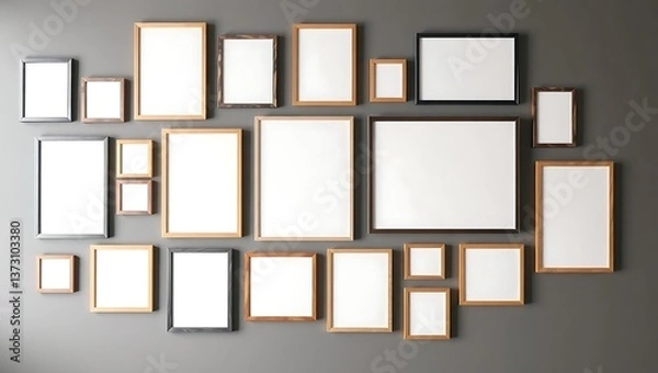 Fototapeta Collection of blank picture frames of various sizes and colors hanging on a gray wall display mockup