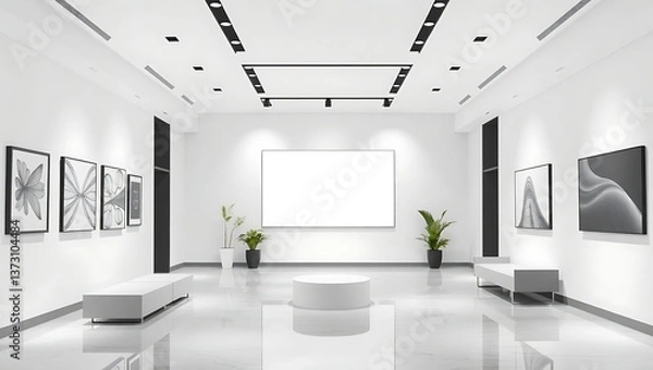 Obraz Bright gallery interior with blank canvas, framed art, benches and plants in a minimalist space