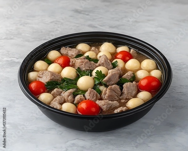 Obraz A hearty soup with meat dumplings and vibrant cherry tomatoes