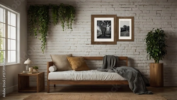 Fototapeta Interior view with daybed against a brick wall and plants with framed art above the daybed