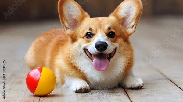 Obraz An adorable smiling dog laying down beside a colorful toy ball