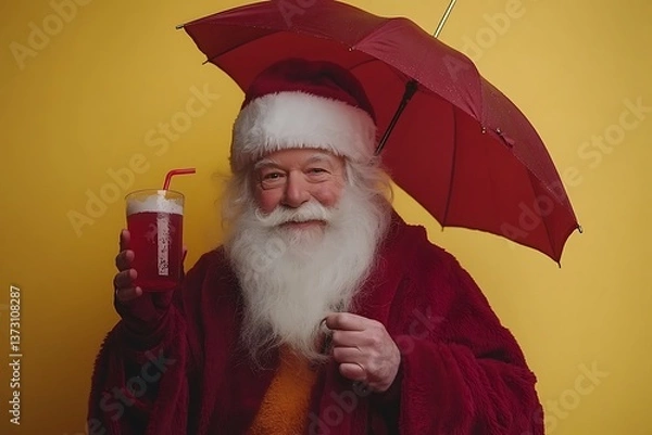 Obraz Santa Claus holding a drink under an open red umbrella