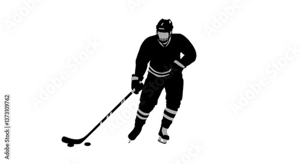 Fototapeta A hockey player, poised and ready, skates towards the net, a powerful silhouette against a stark white background.