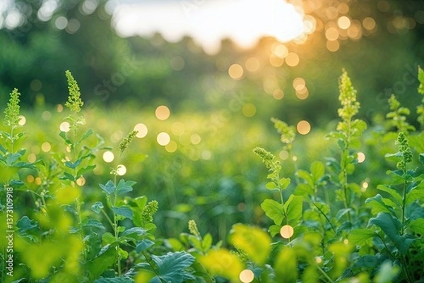 Fototapeta Lush Meadow with Vibrant Green Background Soft Bokeh and Warm Daylight