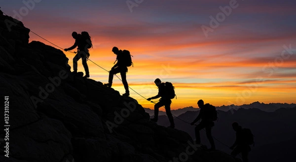 Fototapeta A team of climbers conquering a challenging mountain peak at sunset, silhouetted against a vibrant fiery sky.