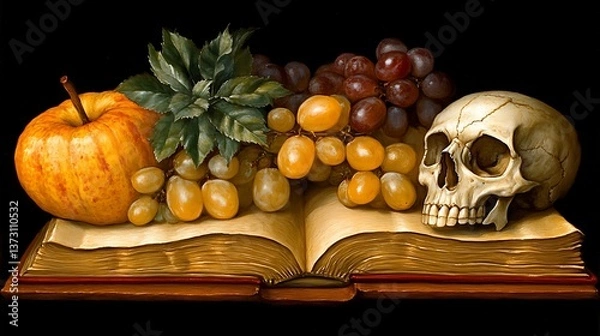Obraz Still life painting depicting a skull and a variety of fruits
