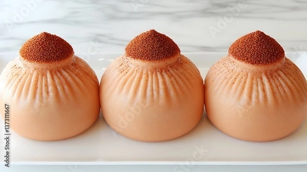 Obraz Three creative dessert pastries on a white rectangular serving plate
