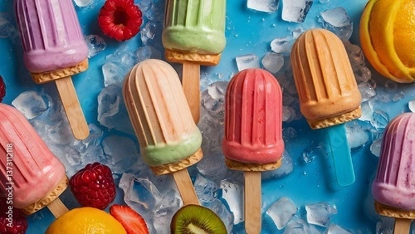 Fototapeta A vibrant arrangement of colorful ice creams and popsicles on a bright background with melting ice and fresh fruits. Close-up shots highlight textures, refreshing details, and playful summer vibes.