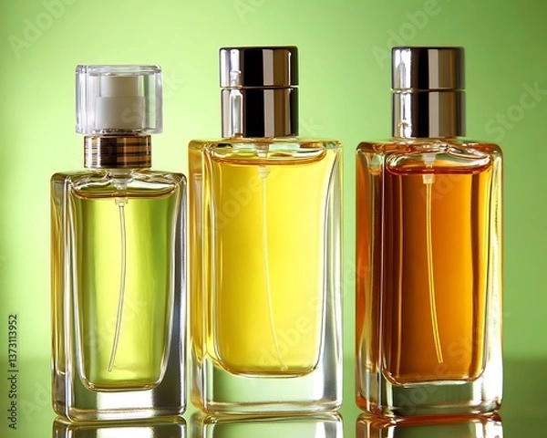 Obraz Three elegant perfume bottles with colored fragrance liquids are displayed