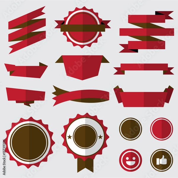 Obraz set of red badges , labels and ribbons. flat design concept. branding and sale decoration. vector illustration.