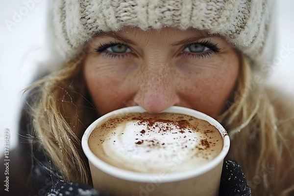Obraz A woman enjoying a warm beverage in winter cold weather